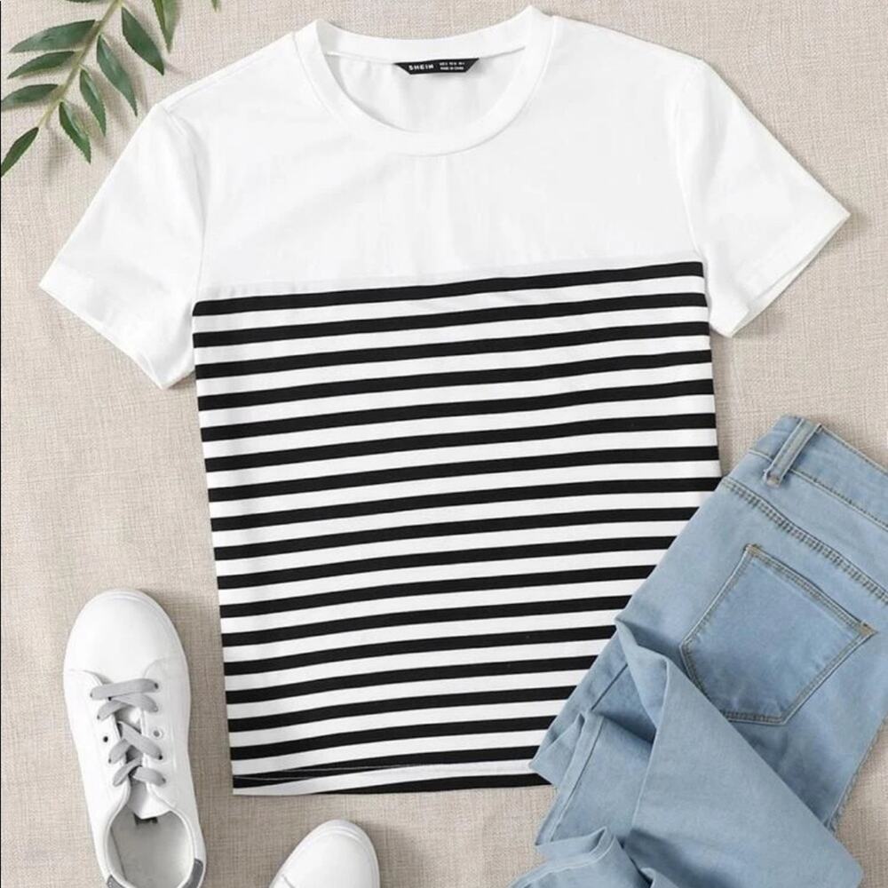 NEW SHEIN Black White Classic Striped Print Short Sleeve Crew Neck Tee Shirt Top